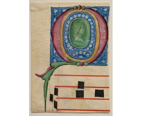 Fragment eines großen Antiphonarblattes "Majuskel Initiale O" (mit Portrait eines Edelmannes), 15./16.Jh., Gouache/Pergament,