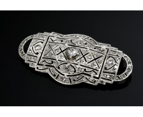 Feine handgefertigte Art Deco Platin und Gelbgold 750 Nadel mit Altschliff Diamant und diversen kleinen Diamantrosen (zus. ca