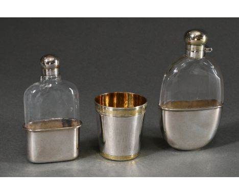 3 Diverse Teile: martellierter Becher mit vergoldeten Rändern (MZ: M. Hansen, Kiel, Silber 835, 81g, H. 6,6cm, graviert) und 