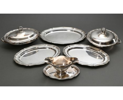 6 Diverse Teile versilbertes Tafel-Set mit Chippendale Rand: 1 ovale Deckelterrine (17x33x23cm), 1 runde Deckelterrine (H. 17