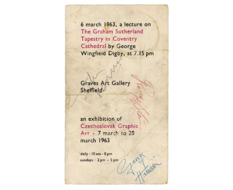 An original flyer for an exhibition of Czechslovak Graphic Art which has been signed by The Beatles in ballpoint pen. The aut