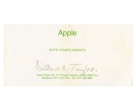 An original Apple Corps Ltd. compliments slip signed by Derek Taylor in pencil. The company address is printed across the bot