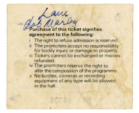 Two concert ticket stubs from the Bob Marley and The Wailers performance at Deeside Leisure Centre, Deeside, Wales on the 12t