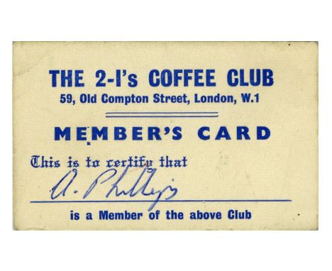 An original rare membership card for the 2i’s Coffee Club. It is date stamped 1 Feb 1962 on the reverse. The address is print