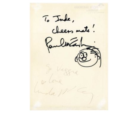 A piece of Fiesta Americana Hotel, Mexico letterhead paper autographed on the reverse by Paul and Linda McCartney. Paul has s