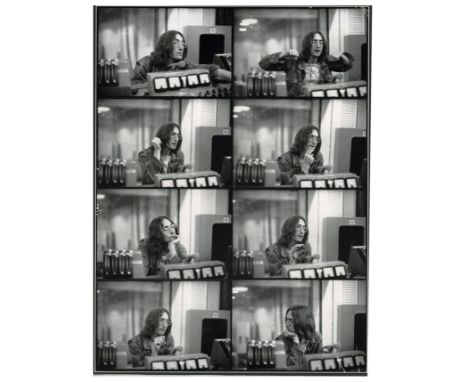 A contact sheet bearing 8 black and white photographs of John Lennon taken by Linda McCartney in the control room of Studio T