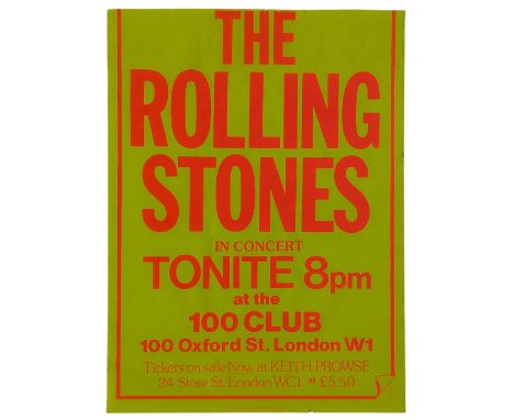 An original eighties concert poster for a performance by The Rolling Stones at the 100 Club, London on the 31st May 1982. The