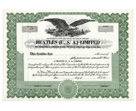 A original Beatles (U.S.A.) Limited stock certificate. The company was set up in 1964 by Brian Epstein to control The Beatles