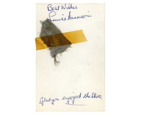 A Beatles promotional card with facsimile Beatles signatures on the front. It has been signed by George Harrison’s mother, Lo