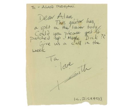 A one page letter handwritten by Keith Richards in black ballpoint pen. It was sent in the 1990s to Keith's guitar technician