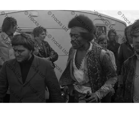 Three 35mm black and white negatives bearing images of Jimi Hendrix at the Open Air Love And Peace Festival held in Fehmarn, 