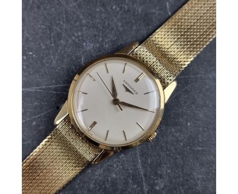 A 1961 Longines 18ct gold manual wind wristwatch, 34mm, Ref. 6988 7 136, Cal. 280, on later 18ct gold 'Milanese' bracelet.