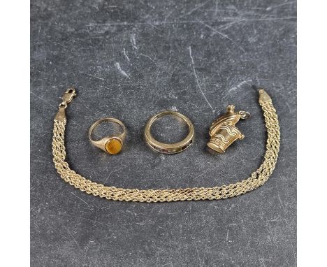 A 9ct gold ring, channel set with eight coloured gemstones, size R; together with a 9ct gold bracelet; a 9ct gold signet ring