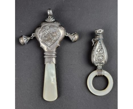 A silver child's rattle, having mother-of-pearl handle, by&nbsp;Adie &amp; Lovekin Ltd, Chester 1918, 10cm long; together wit