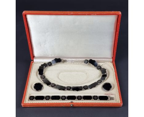 A vintage Volmer &amp; Bahner white metal and black enamel hinged necklace; together with a matching hinged bracelet; and a p
