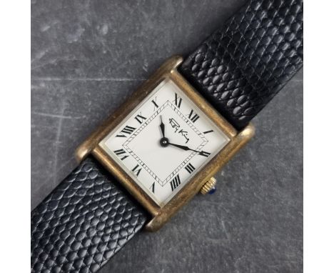 A vintage Roy King 'Tank' Sterling silver manual wind wristwatch, 24mm x 31mm, on original black lizard leather strap.