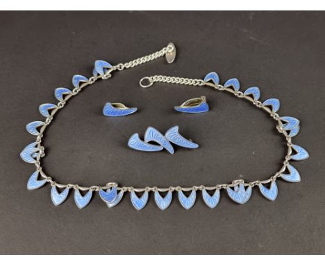 A vintage suite of Volmer Bahner guilloche enamel necklace,&nbsp;ear clips and brooch, stamped V B Sterling, Denmark. (4)