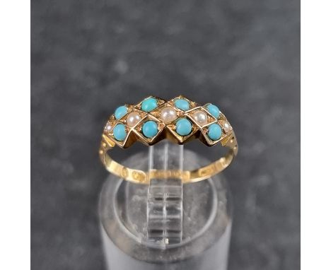 A Victorian 15ct gold turquoise and pearl ring, size N.