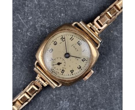 An Art Deco Frey 9ct gold ladies manual wind wristwatch, 20mm, Ref. 87100 198695, on original gold plated bracelet.