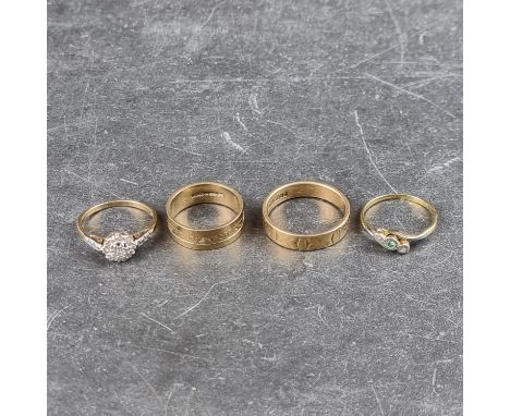 Two 9ct gold wedding bands, 8.4g; together with a yellow metal diamond illusion set ring; and a yellow metal ring, set one em