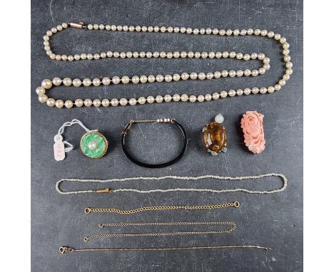 A Chinese yellow metal brooch, converted from a clasp, set with a jade panel and one pearl (s.d), 24mm; together with a 9ct g