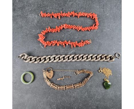 A yellow metal fancy link bracelet, having gold plated padlock clasp; together with a coral necklace; and three other items. 
