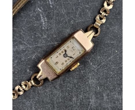 An Art Deco 9ct gold manual wind ladies wristwatch, 12mm x 27mm, Ref. 1314, having Swiss movement, on gold plated bracelet.
