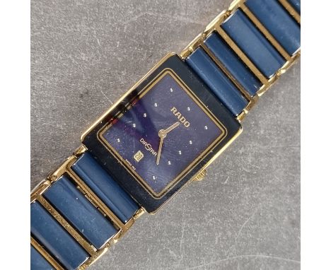 A late 1990s Rado 'DiaStar' date stainless steel and ceramic quartz wristwatch, blue and gold tone, 24mm, Ref. 160.0281.3N, C