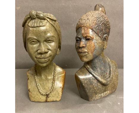 Two African stone portrait sculptures of tribal women 