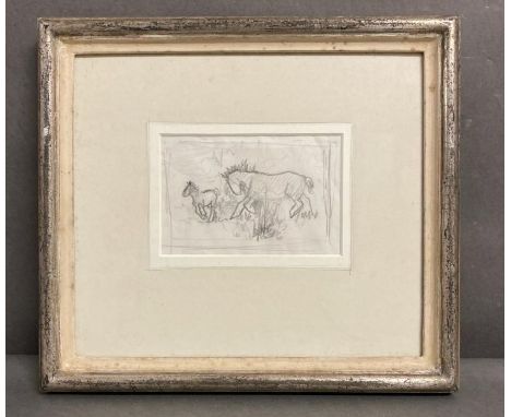 A Naïve framed pencil sketch of two horse 
