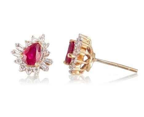 PAIR OF RUBY AND DIAMOND EARRINGS, set with pear shaped rubies within diamond halos, marked 585