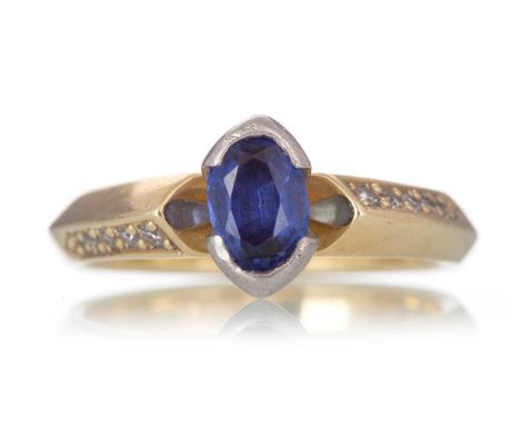 GEM SET DRESS RING, set with a central blue gem on a diamond set knife edge shank, in fourteen carat gold, size R 1/2Qty: 6.7