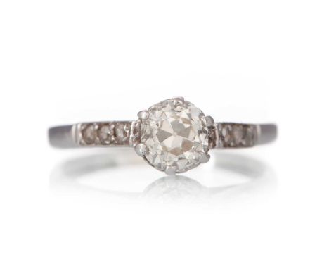 DIAMOND RING, set with an Old European cut diamond of approximately 0.60 carats, on diamond shoulders, unmarked, size K 1/2Qt