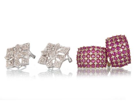 TWO PAIRS OF DRESS EARRINGS, including a diamond pair and a ruby and diamond pair, each in nine carat goldQty: 12g gross