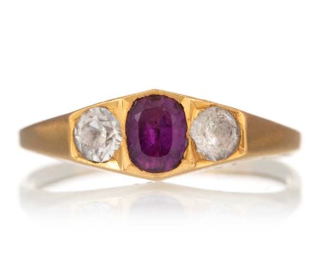 DIAMOND AND PINK GEM RING, unmarked, Indian, shank misshapen