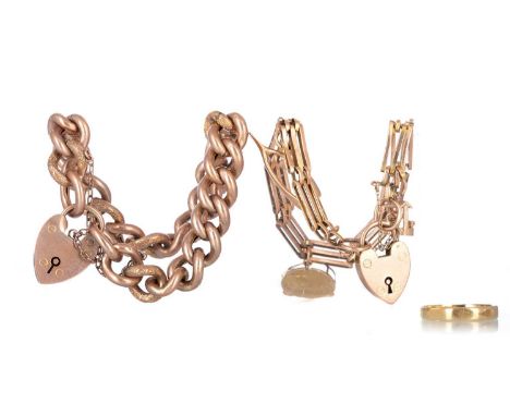 THREE GOLD BRACELETS, ALONG WITH A WEDDING RING, the bracelets each with heart shaped padlock clasps, one with charms, along 