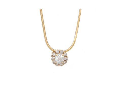 DIAMOND PENDANT, set with a central Crown of Light cut diamond of approximately 0.47 carats, within a diamond halo, the diamo