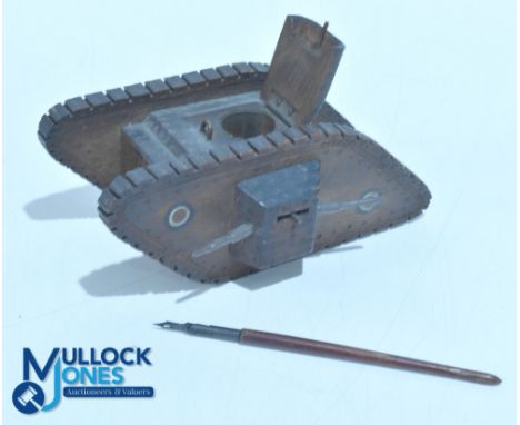 WW1 Wooden and Metal Trench Art Tank Inkwell with pen having great detail 17x7x7cm