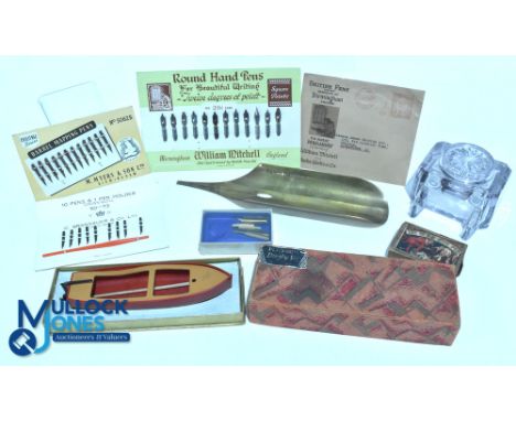Writing Equipment Selection Carded Pen Nibs and Boxed examples together with Banco Atlantico Nib shaped desk tidy - glass ink