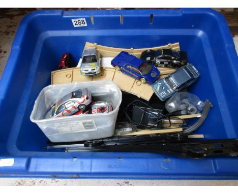 Box of Scalextric cars, track etc