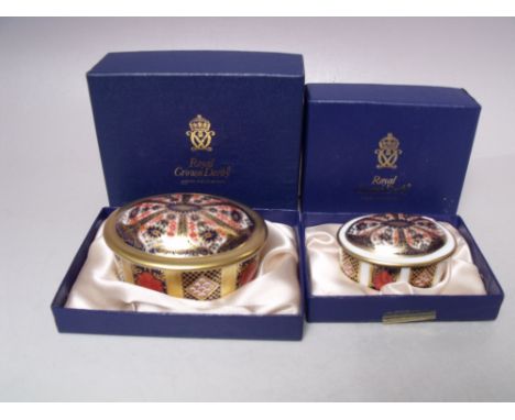 TWO ROYAL CROWN DERBY OVAL LIDDED TRINKET POTS, Imari pattern 1128, largest W 7.5 cm, both boxed (2)