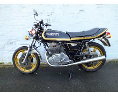 A 1982 DUCATI 350 GTV MOTORCYCLE 'JKK 901Y', having black coachwork, gold painted wheels and chrome mud guards, the 349.6 cc 