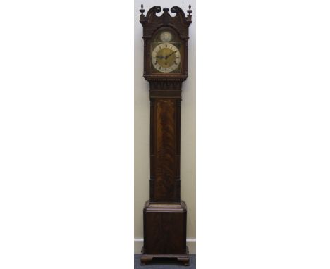 A FINELY CARVED GOTHIC REVIVAL GRANDDAUGHTER CLOCK WITH WALNUT AND MAHOGANY CASE, the hood with reeded columns, naturalistic 