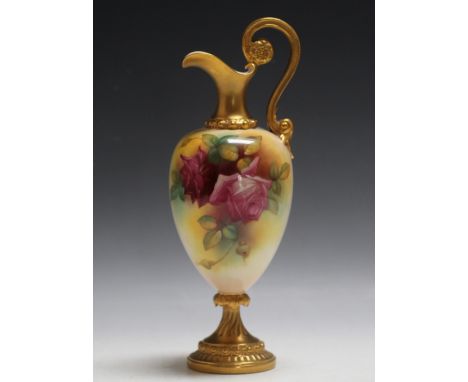 A ROYAL WORCESTER ROSES EWER, signed M.Hunt, H 28 cm