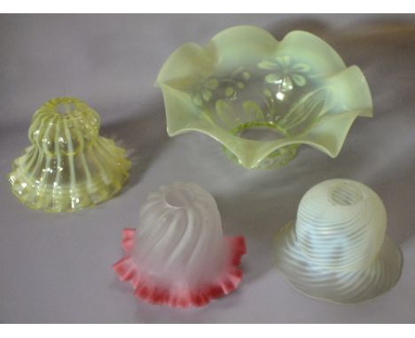 FOUR ASSORTED VINTAGE GLASS LAMP SHADES, of varying form and colour, to include two opaque glass examples, largest rim Dia. 2