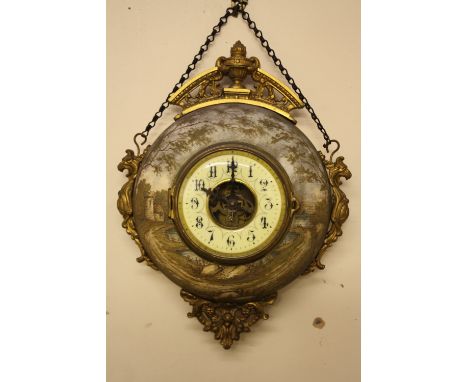 A 19TH CENTURY FRENCH POTTERY CASED BOULANGERIE CLOCK BY HENRY FARCOT, the body decorated with countryside scene with two lio