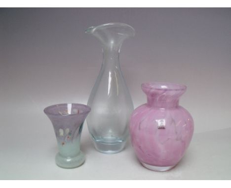 A SWEDISH ART GLASS PINK MOTTLED GLASS VASE, with original SKRUF label, together with a decanter - lacking stopper, signed to