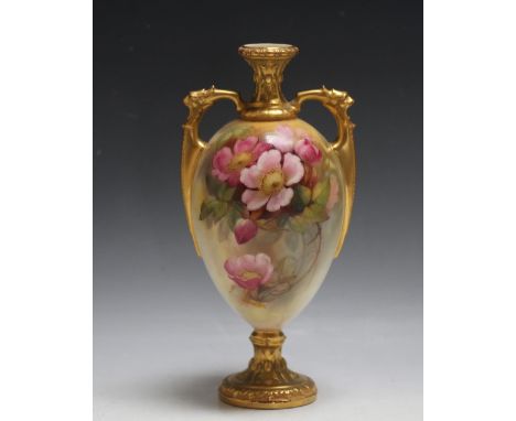 A ROYAL WORCESTER ROSES TWIN HANDLED VASE, signed Sedgley, H 24 cmCondition Report:wear to gilding on base rim, see imaged