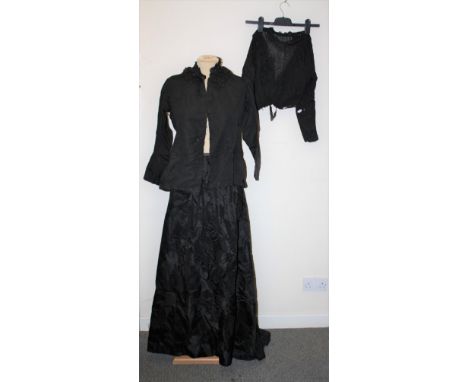 A SELECTION OF VICTORIAN CLOTHING, comprising a ladies blouse with jet bead detailing, a long sleeve jacket style top with la
