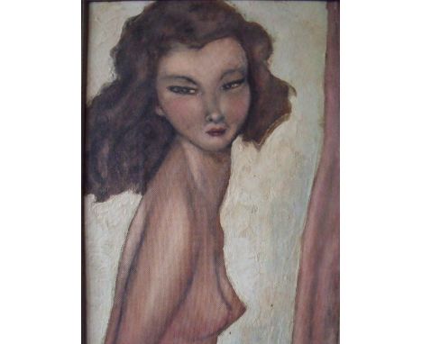 SCHOOL OF JEAN GABRIEL DOMERGUE (1889-1962). French school, half length portrait study of a female semi-nude, bears signature